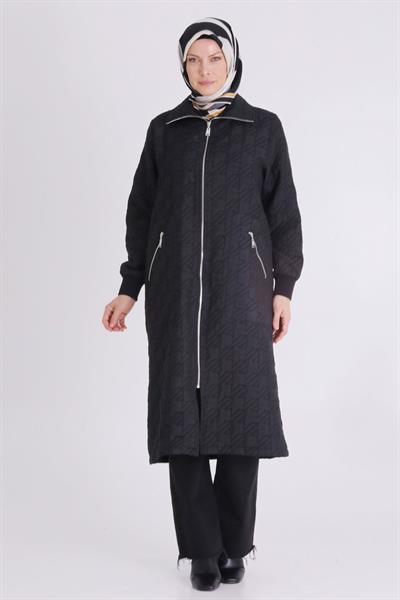 Behrem Cepli Fermuarlı Kapitone Büyük Beden Kap Siyah OTW2551