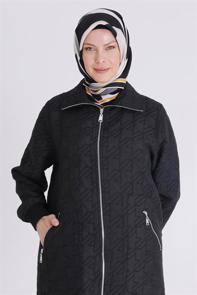 Behrem Cepli Fermuarlı Kapitone Büyük Beden Kap Siyah OTW2551