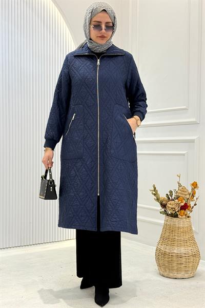 Behrem Cepli Fermuarlı Kapitone Büyük Beden Kap Lacivert OTW2551