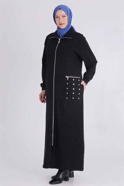 Behrem Cepli Zımba Detaylı Büyük Beden Üç İplik Tesettür Ferace Siyah OTW2823