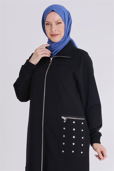 Behrem Cepli Zımba Detaylı Büyük Beden Üç İplik Tesettür Ferace Siyah OTW2823