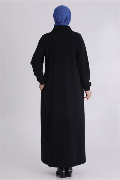Behrem Cepli Zımba Detaylı Büyük Beden Üç İplik Tesettür Ferace Siyah OTW2823