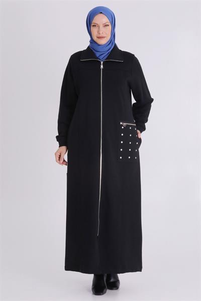 Behrem Cepli Zımba Detaylı Büyük Beden Üç İplik Tesettür Ferace Siyah OTW2823