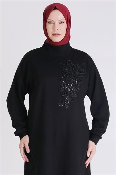 Behrem Çiçek Desenli Payet İşlemeli Pantolonlu Tesettür Takım Siyah OTW3552