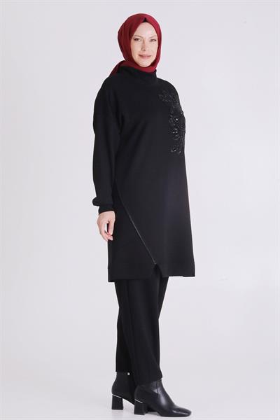 Behrem Çiçek Desenli Payet İşlemeli Pantolonlu Tesettür Takım Siyah OTW3552