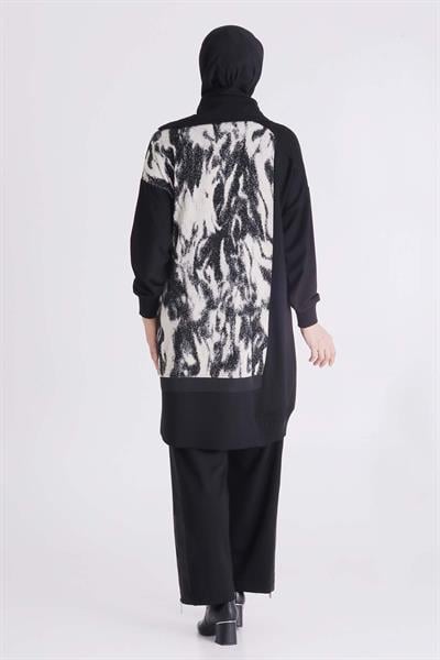 Behrem Desenli Fermuarlı Pantolonlu Tesettür Takım Siyah OTW35139