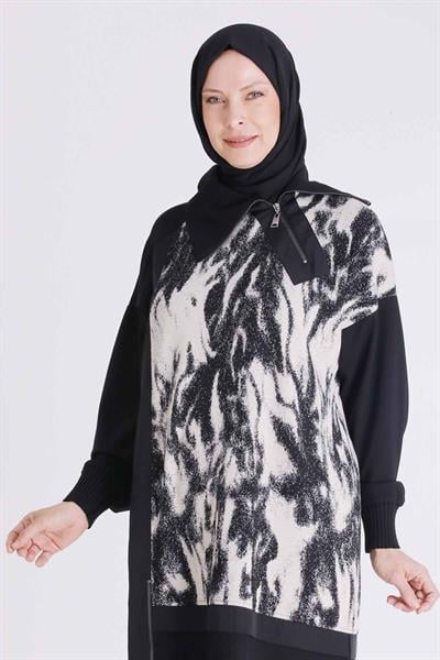 Behrem Desenli Fermuarlı Pantolonlu Tesettür Takım Siyah OTW35139