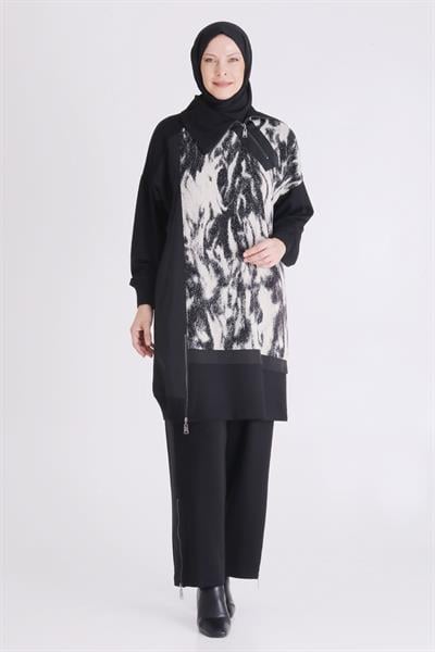 Behrem Desenli Fermuarlı Pantolonlu Tesettür Takım Siyah OTW35139