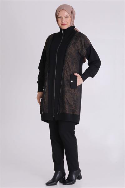 Behrem Desenli Fermuarlı Tesettür Kap Siyah-Bakır OTW25131