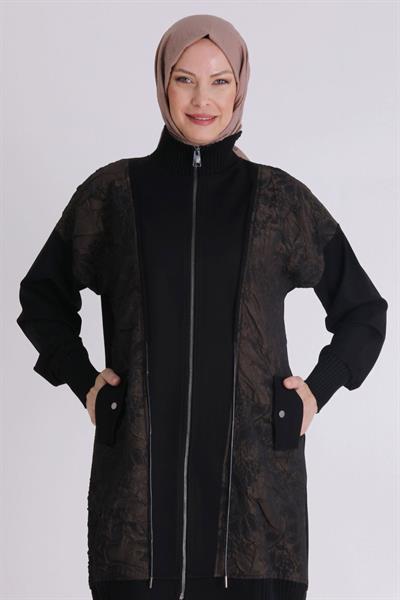 Behrem Desenli Fermuarlı Tesettür Kap Siyah-Bakır OTW25131
