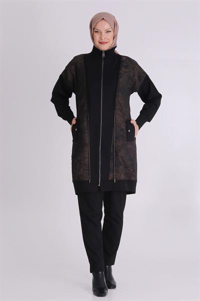 Behrem Desenli Fermuarlı Tesettür Kap Siyah-Bakır OTW25131