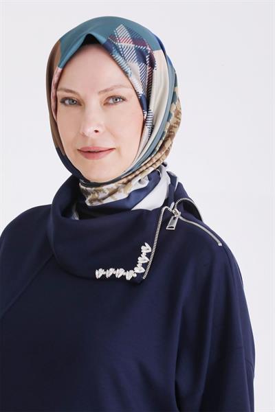 Behrem Fermuar ve Taş Detaylı Dik Yaka Tesettür Tunik Lacivert OTW2065