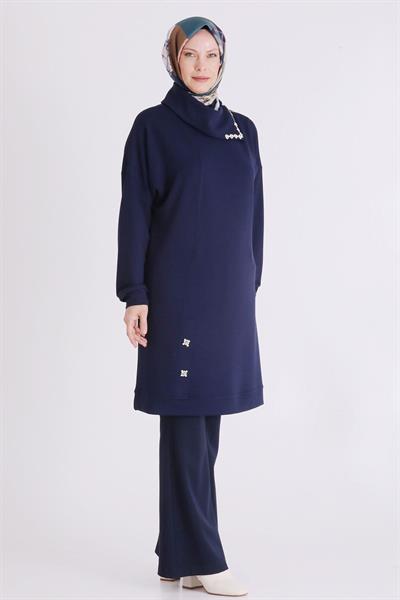 Behrem Fermuar ve Taş Detaylı Dik Yaka Tesettür Tunik Lacivert OTW2065