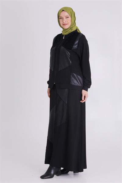 Behrem Fermuarlı Deri Görünümlü Etekli Takım Siyah OTW35137