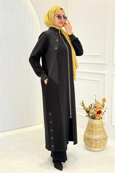 Behrem Fermuarlı Sim Detaylı Büyük Beden Üç İplik Tesettür Ferace Siyah OTW2822