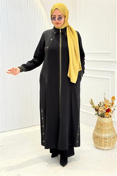 Behrem Fermuarlı Sim Detaylı Büyük Beden Üç İplik Tesettür Ferace Siyah OTW2822