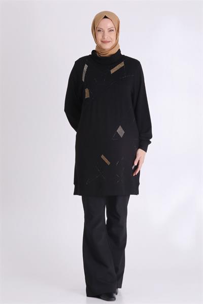 Behrem Geometrik Taş İşlemeli Tesettür Tunik Siyah OTW20129