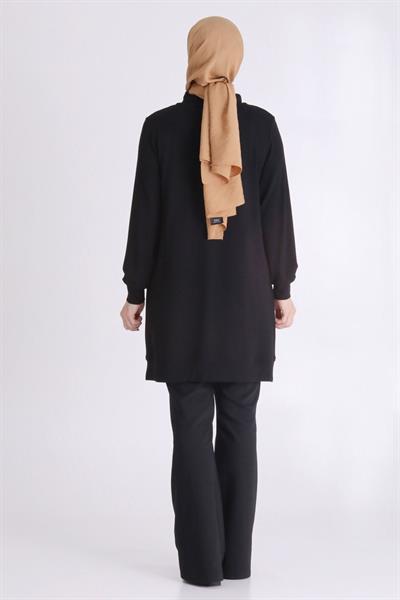 Behrem Geometrik Taş İşlemeli Tesettür Tunik Siyah OTW20129