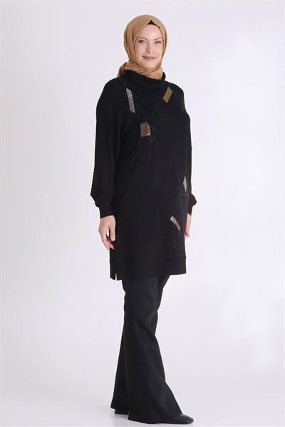 Behrem Geometrik Taş İşlemeli Tesettür Tunik Siyah OTW20129