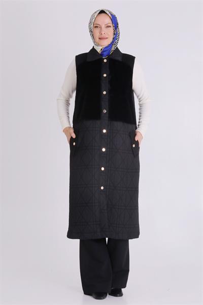 Behrem Kapitone Peluş Detaylı Tesettür Yelek Siyah OTW30014