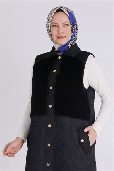 Behrem Kapitone Peluş Detaylı Tesettür Yelek Siyah OTW30014