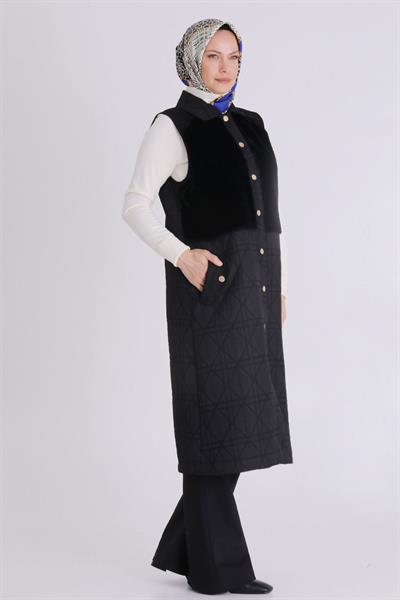 Behrem Kapitone Peluş Detaylı Tesettür Yelek Siyah OTW30014