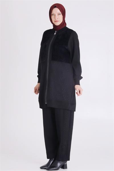 Behrem Kürk Detaylı Taş İşlemeli Pantolonlu Takım Siyah OTW35138