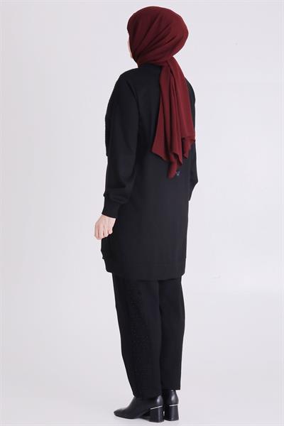 Behrem Kürk Detaylı Taş İşlemeli Pantolonlu Takım Siyah OTW35138