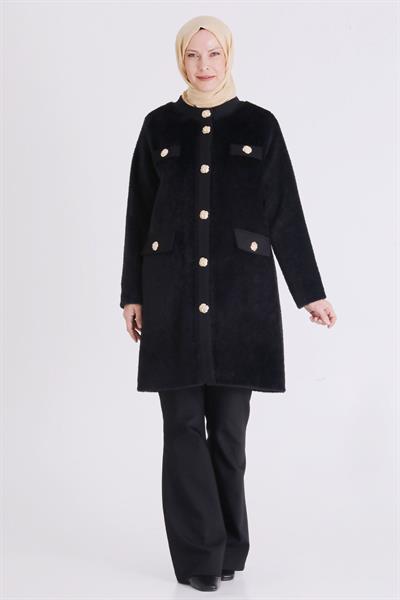 Behrem Kürk Dokulu Düğme Detaylı Tesettür Kap Siyah OTW25142
