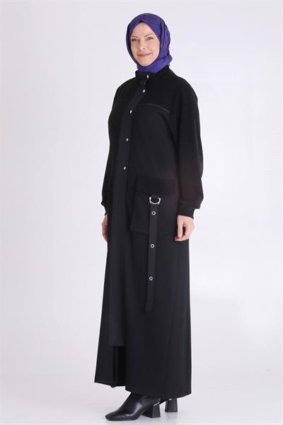 Behrem Metal Halkalı Cep Detaylı Büyük Beden Ferace Siyah OTW28077