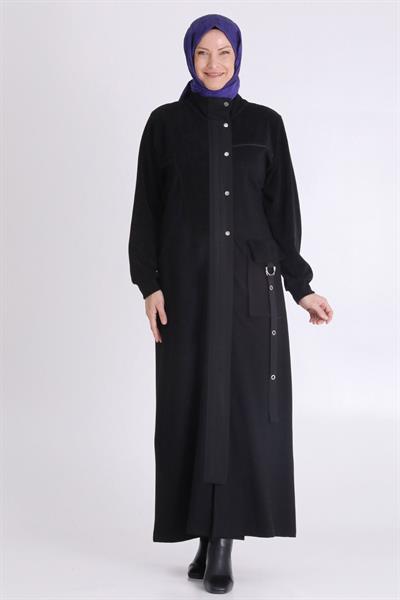 Behrem Metal Halkalı Cep Detaylı Büyük Beden Ferace Siyah OTW28077