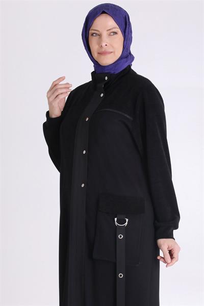 Behrem Metal Halkalı Cep Detaylı Büyük Beden Ferace Siyah OTW28077