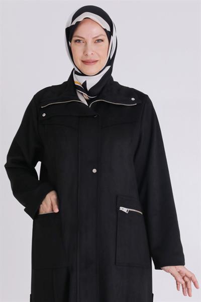 Behrem Minimal Tasarım Cepli Tesettür Ferace Siyah OTW28075