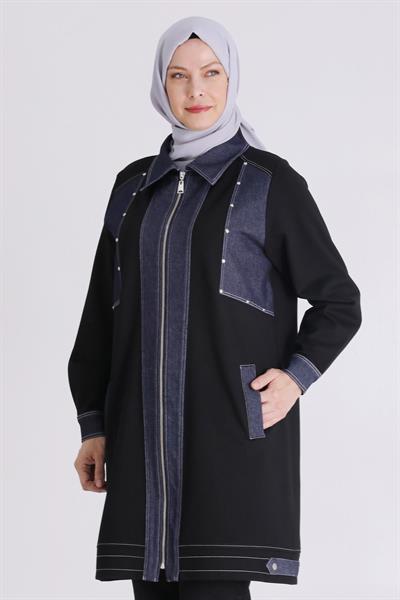 Behrem Modern Denim Detaylı Siyah Büyük Beden Kap Siyah OTW25130