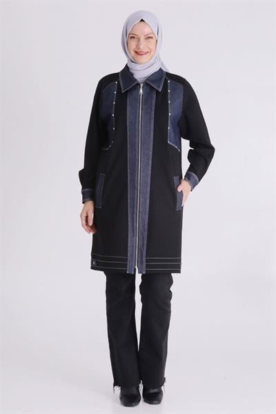 Behrem Modern Denim Detaylı Siyah Büyük Beden Kap Siyah OTW25130