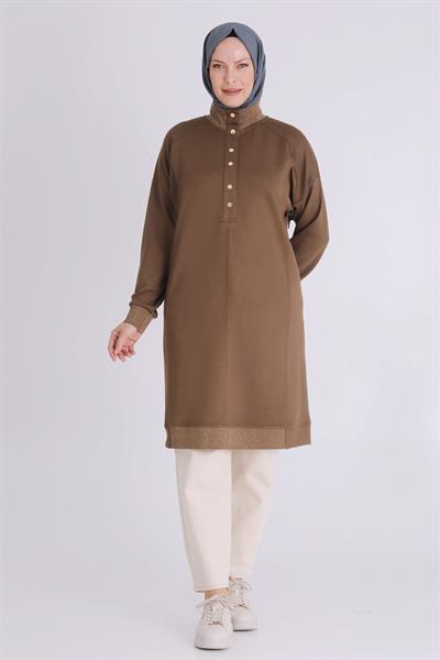 Behrem Ribanalı Spor Büyük Beden Tunik Vizon OTW2060