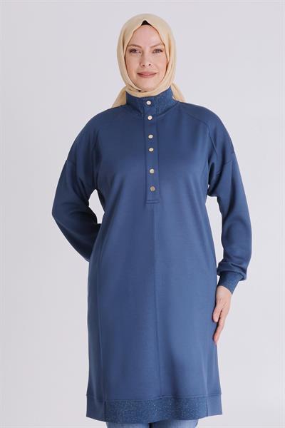 Behrem Ribanalı Spor Büyük Beden Tunik İndigo OTW2060