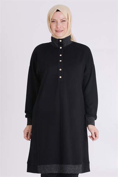 Behrem Ribanalı Spor Büyük Beden Tunik Siyah OTW2060