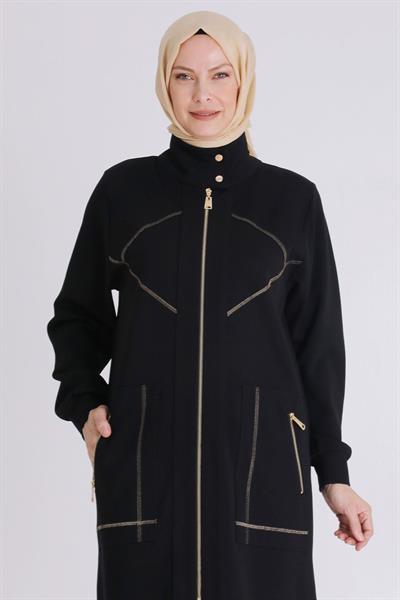 Behrem Şık Altın Dikişli Pantolonlu Büyük Beden Tesettür Takım Siyah OTW35134