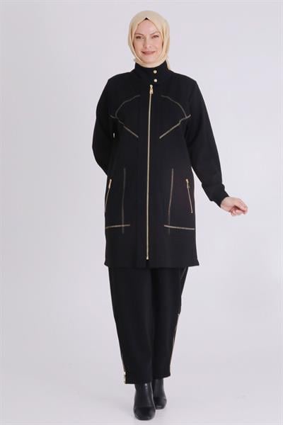 Behrem Şık Altın Dikişli Pantolonlu Büyük Beden Tesettür Takım Siyah OTW35134