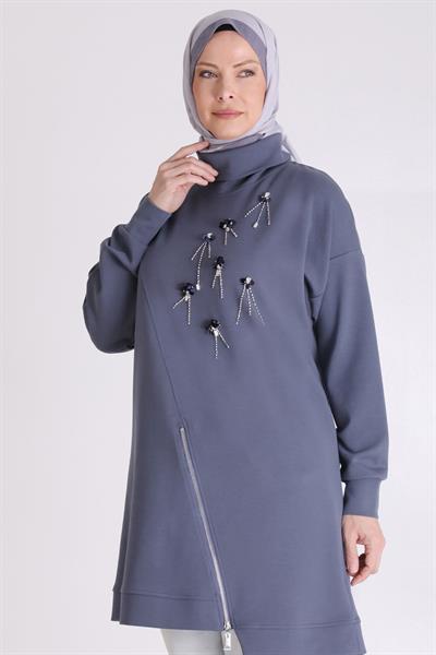 Behrem Taş İşlemeli Asimetrik Fermuar Detaylı Büyük Beden Tesettür Tunik Duman Mavi OTW20127