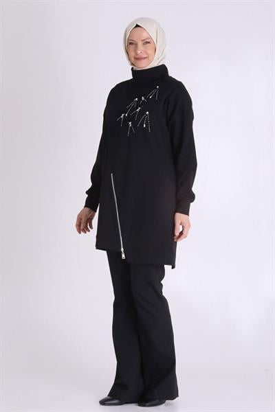 Behrem Taş İşlemeli Asimetrik Fermuar Detaylı Büyük Beden Tesettür Tunik Siyah OTW20127