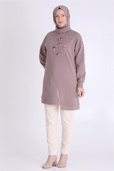 Behrem Taş İşlemeli Asimetrik Fermuar Detaylı Büyük Beden Tesettür Tunik Kestane OTW20127