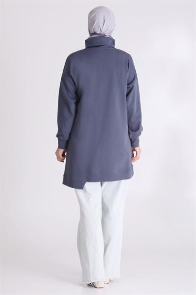 Behrem Taş İşlemeli Asimetrik Fermuar Detaylı Büyük Beden Tesettür Tunik Duman Mavi OTW20127
