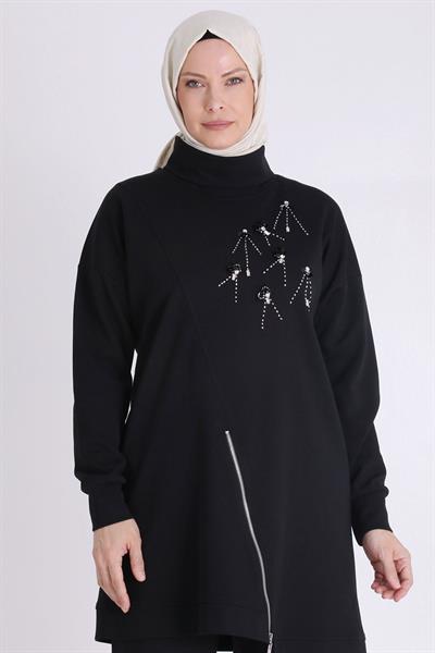 Behrem Taş İşlemeli Asimetrik Fermuar Detaylı Büyük Beden Tesettür Tunik Siyah OTW20127