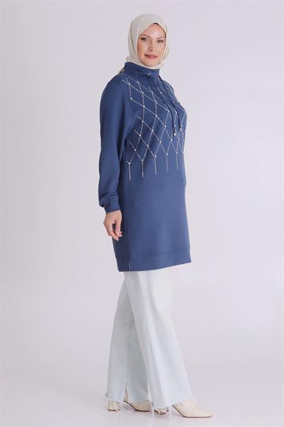 Behrem Taşlı Yaka Bağcıklı Tunik İndigo OTW2062