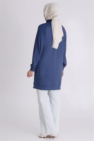 Behrem Taşlı Yaka Bağcıklı Tunik İndigo OTW2062