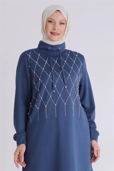 Behrem Taşlı Yaka Bağcıklı Tunik İndigo OTW2062