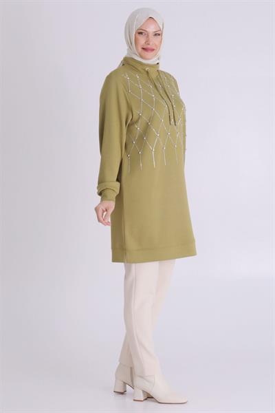 Behrem Taşlı Yaka Bağcıklı Tunik Olive OTW2062