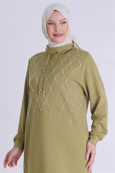 Behrem Taşlı Yaka Bağcıklı Tunik Olive OTW2062